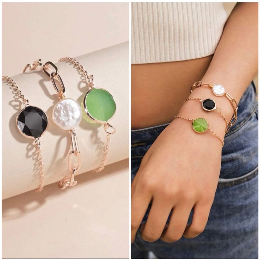 3 Piece gold bracelet set - Green and Pearl Stacked bracelet set